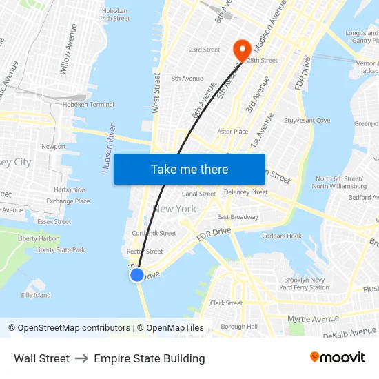Wall Street to Empire State Building map