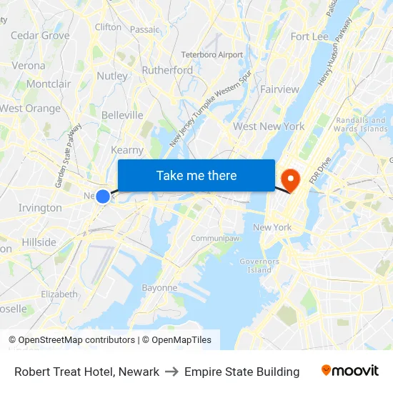 Robert Treat Hotel, Newark to Empire State Building map
