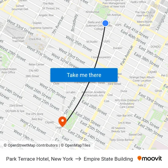 Park Terrace Hotel, New York to Empire State Building map