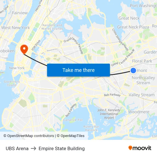 UBS Arena to Empire State Building map