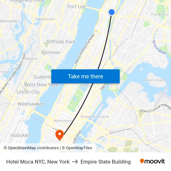 Hotel Moca NYC, New York to Empire State Building map
