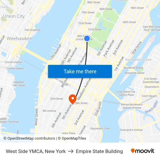 West Side YMCA, New York to Empire State Building map