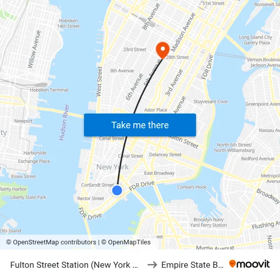 Fulton Street Station (New York City Subway) to Empire State Building map