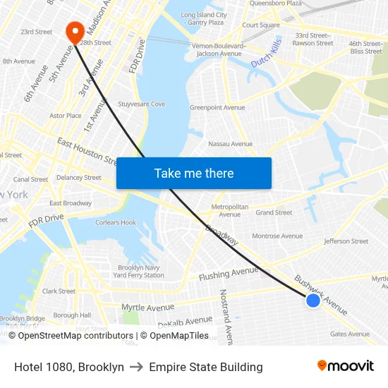 Hotel 1080, Brooklyn to Empire State Building map