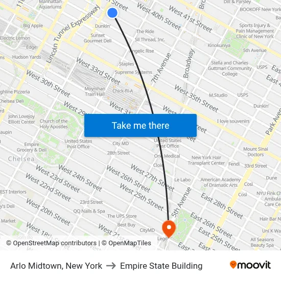Arlo Midtown, New York to Empire State Building map