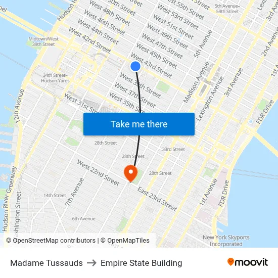 Madame Tussauds to Empire State Building map