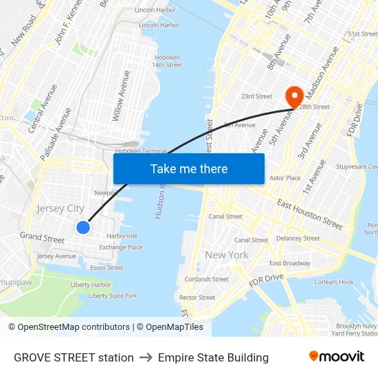 GROVE STREET station to Empire State Building map
