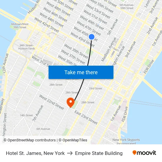 Hotel St. James, New York to Empire State Building map