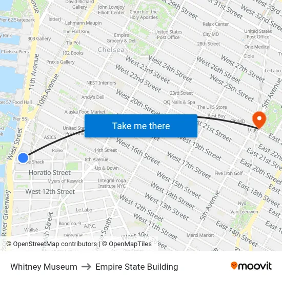 Whitney Museum to Empire State Building map