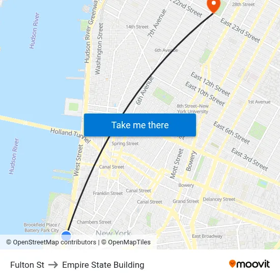 Fulton St to Empire State Building map