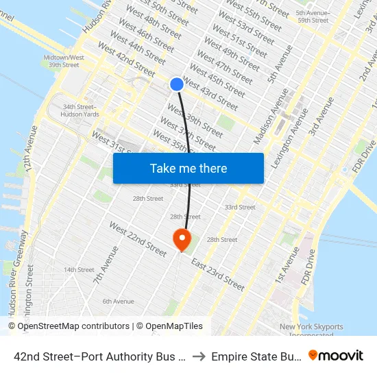 42nd Street–Port Authority Bus Terminal to Empire State Building map