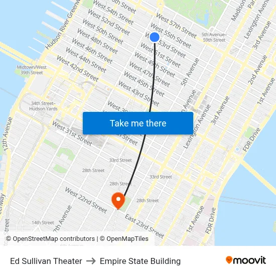 Ed Sullivan Theater to Empire State Building map