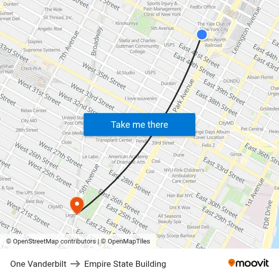 One Vanderbilt to Empire State Building map