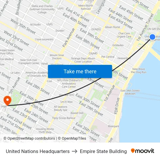 United Nations Headquarters to Empire State Building map