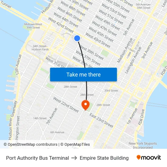 Port Authority Bus Terminal to Empire State Building map