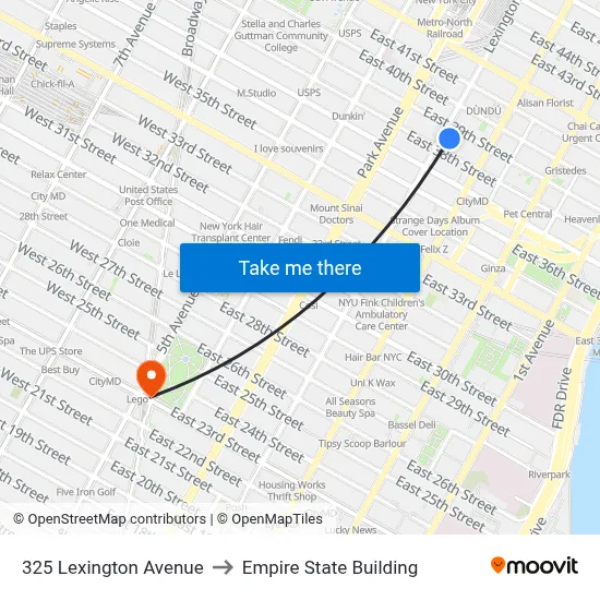 325 Lexington Avenue to Empire State Building map
