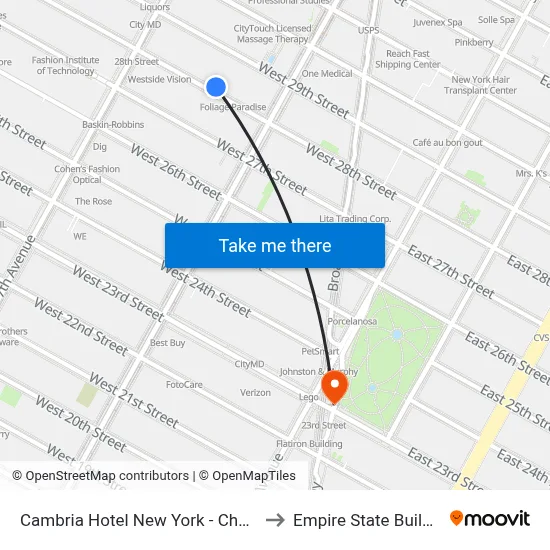 Cambria Hotel New York - Chelsea to Empire State Building map