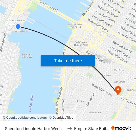 Sheraton Lincoln Harbor Weehawken to Empire State Building map