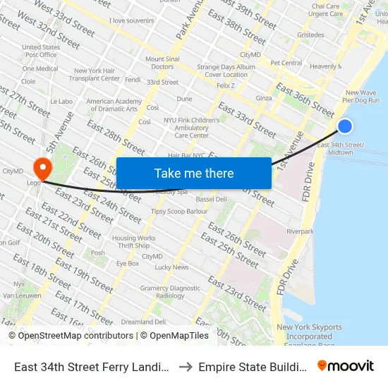 East 34th Street Ferry Landing to Empire State Building map