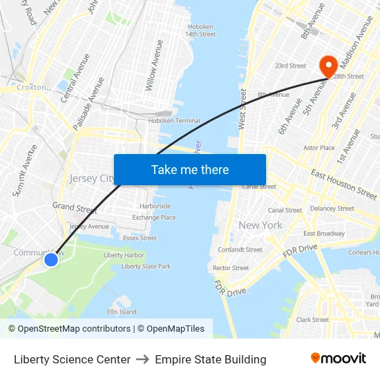 Liberty Science Center to Empire State Building map