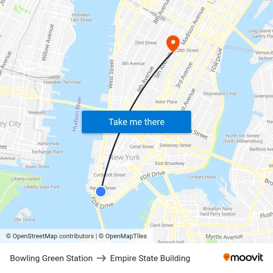 Bowling Green Station to Empire State Building map