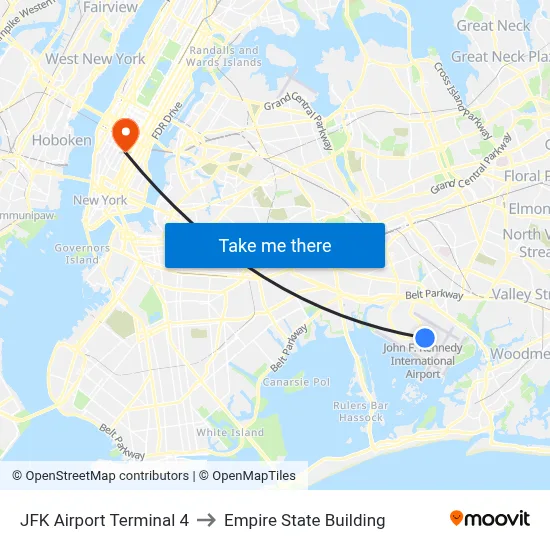 JFK Airport Terminal 4 to Empire State Building map