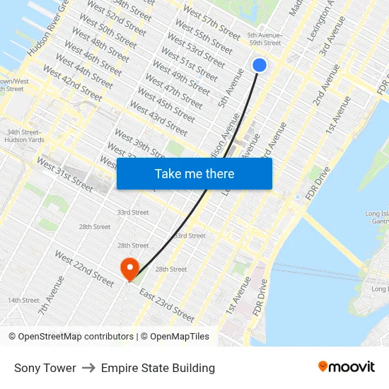 Sony Tower to Empire State Building map