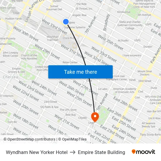 Wyndham New Yorker Hotel to Empire State Building map