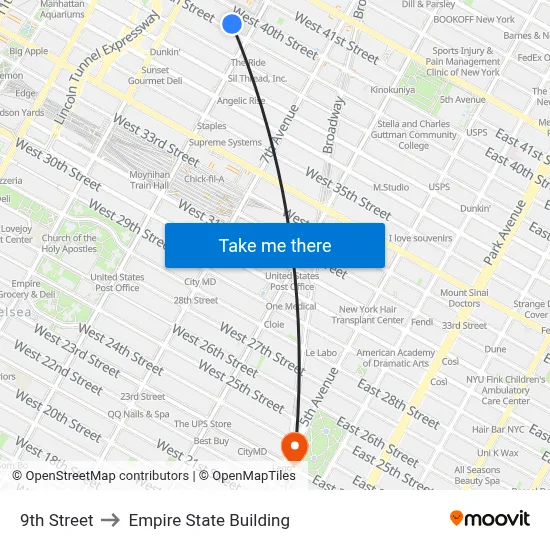 9th Street to Empire State Building map