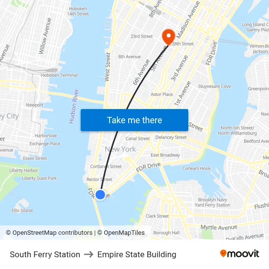 South Ferry Station to Empire State Building map