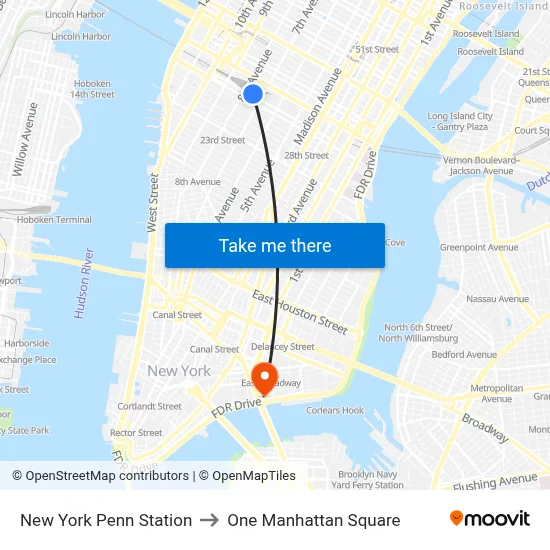New York Penn Station to One Manhattan Square map