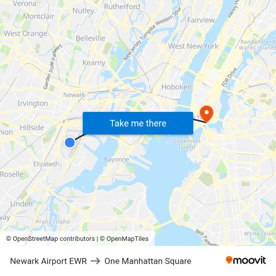 Newark Airport EWR to One Manhattan Square map
