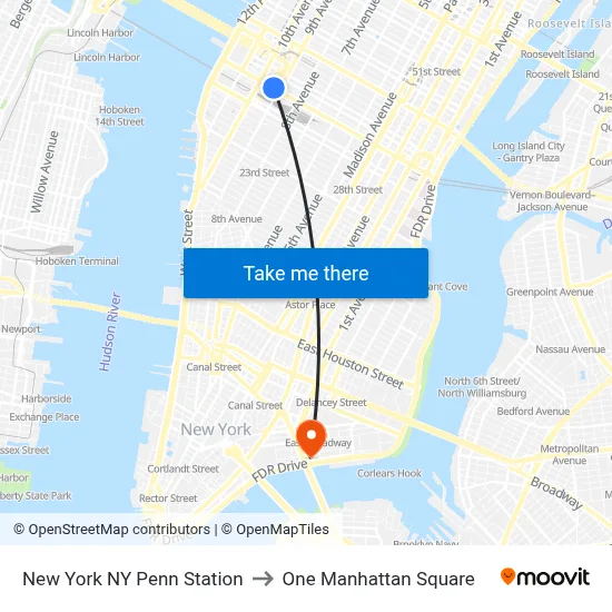 New York NY Penn Station to One Manhattan Square map