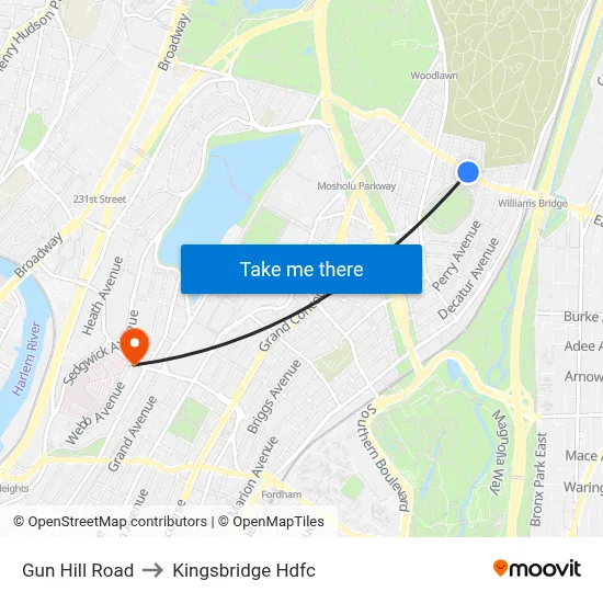 Gun Hill Road to Kingsbridge Hdfc map