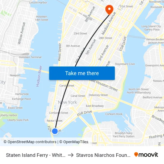 Staten Island Ferry - Whitehall Terminal to Stavros Niarchos Foundation Library map