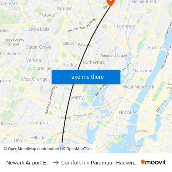 Newark Airport EWR to Comfort Inn Paramus - Hackensack map