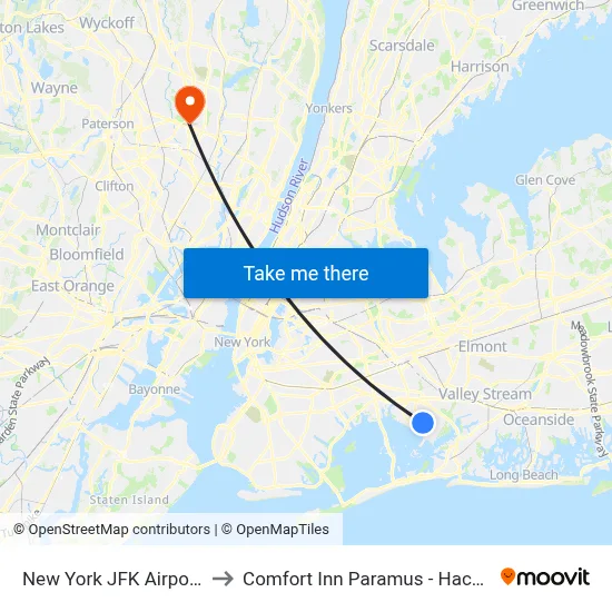New York JFK Airport JFK to Comfort Inn Paramus - Hackensack map