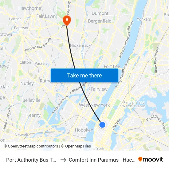 Port Authority Bus Terminal to Comfort Inn Paramus - Hackensack map
