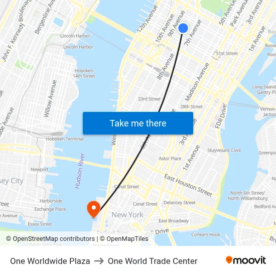 One Worldwide Plaza to One World Trade Center map