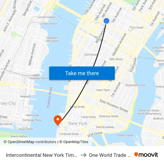 Intercontinental New York Times Square to One World Trade Center map