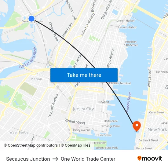 Secaucus Junction to One World Trade Center map