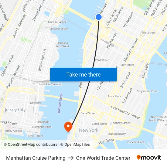 Manhattan Cruise Parking to One World Trade Center map