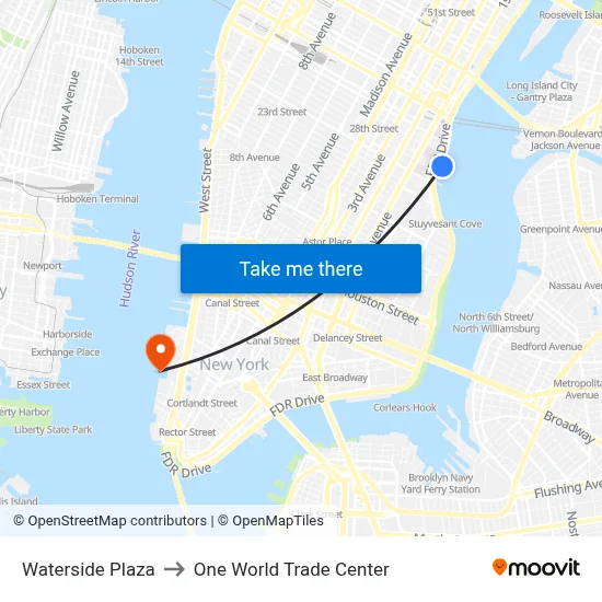 Waterside Plaza to One World Trade Center map
