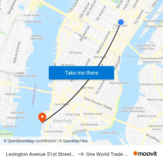 Lexington Avenue 51st Street Station to One World Trade Center map