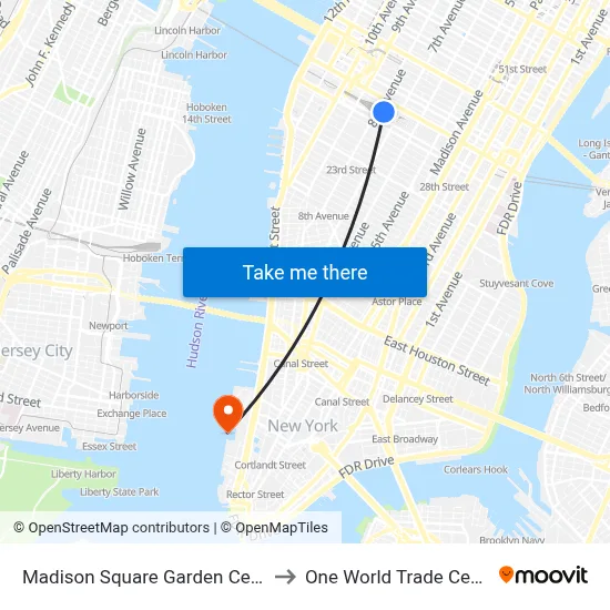 Madison Square Garden Center to One World Trade Center map