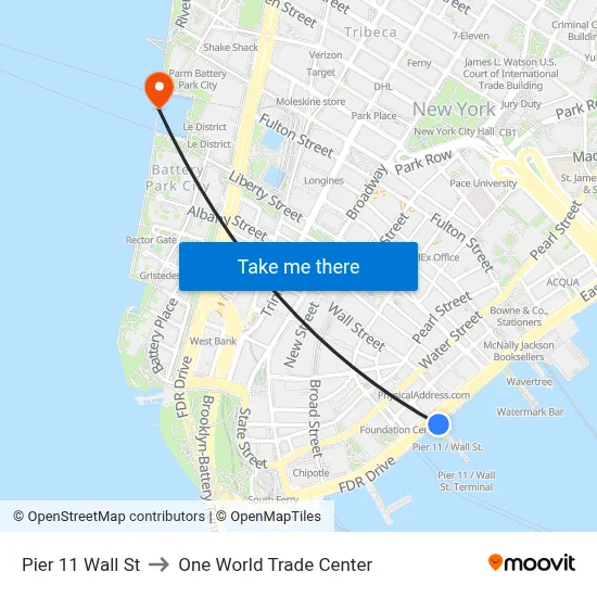 Pier 11 Wall St to One World Trade Center map