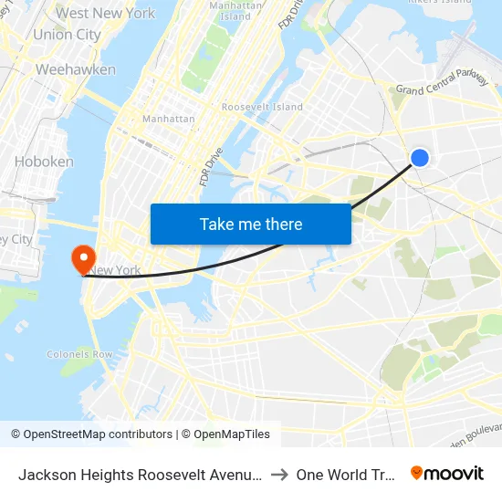 Jackson Heights Roosevelt Avenue 74th Street Station to One World Trade Center map