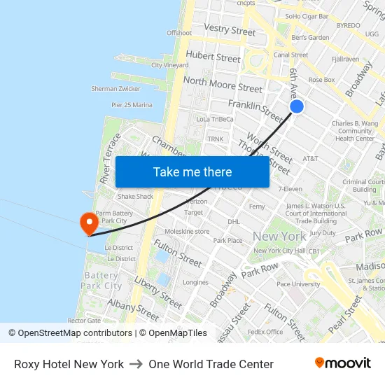Roxy Hotel New York to One World Trade Center map