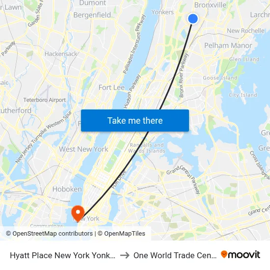 Hyatt Place New York Yonkers to One World Trade Center map