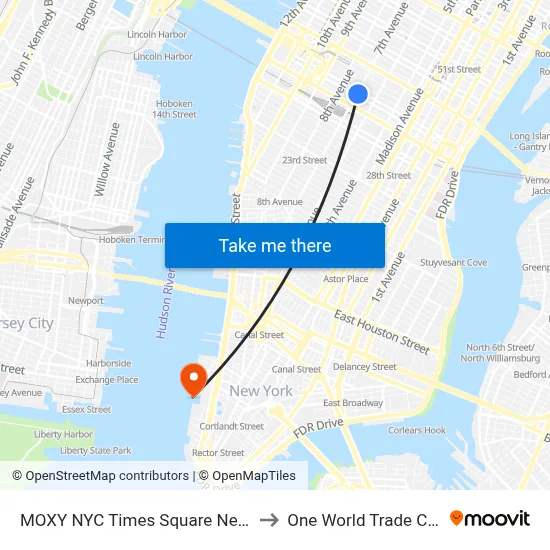 MOXY NYC Times Square New York to One World Trade Center map